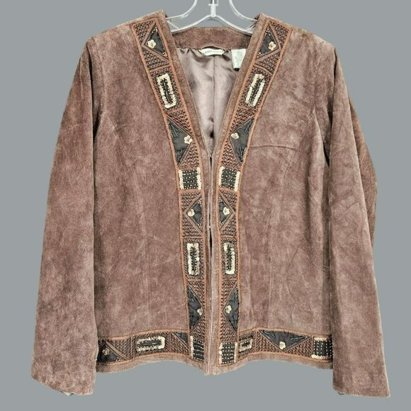 Laura Ashley Nubuck Leather Blazer Jacket L Brown Beaded Sequin Embroidered New - Picture 13 of 13